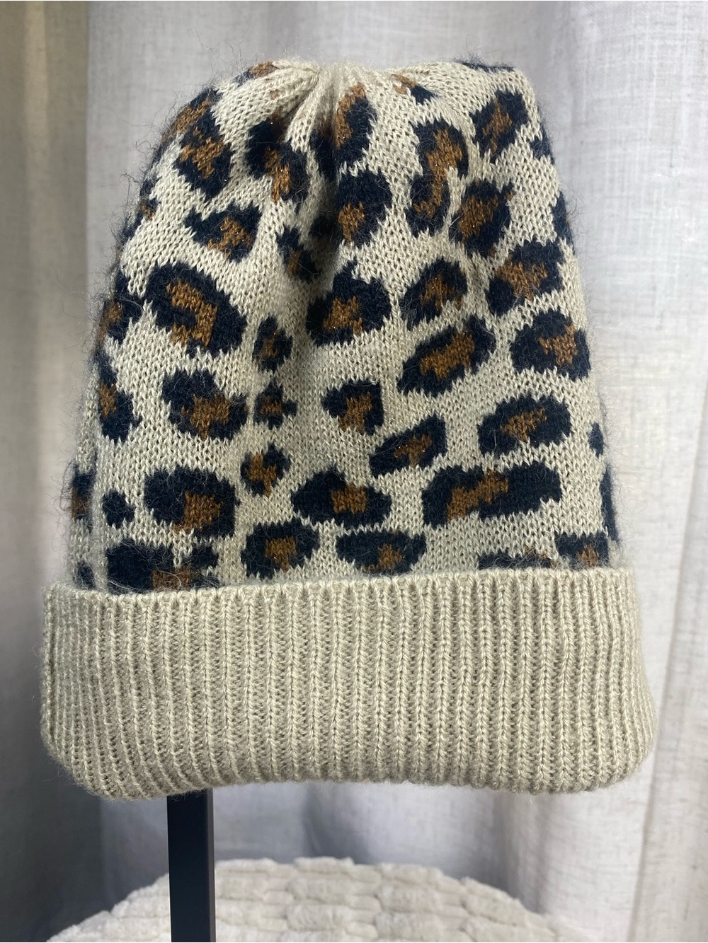 Apt 9 Leopard Print Knit Beanie Hat Tan Brown Cheetah Cuffed Winter Cap OSFM